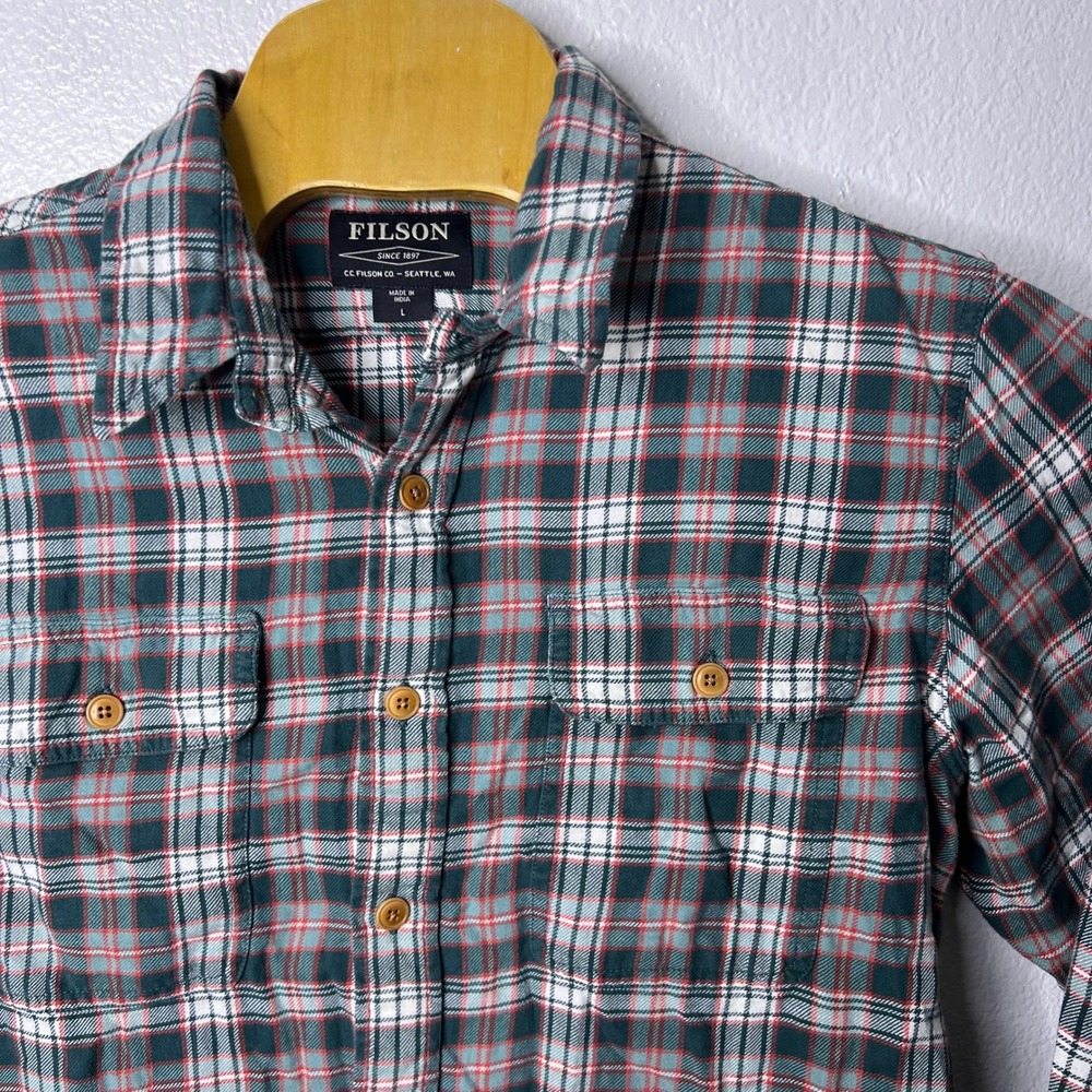 Filson Scout Shirt Mens Large Green Red Plaid Cotton Flannel Button Down Large - Picture 3 of 7